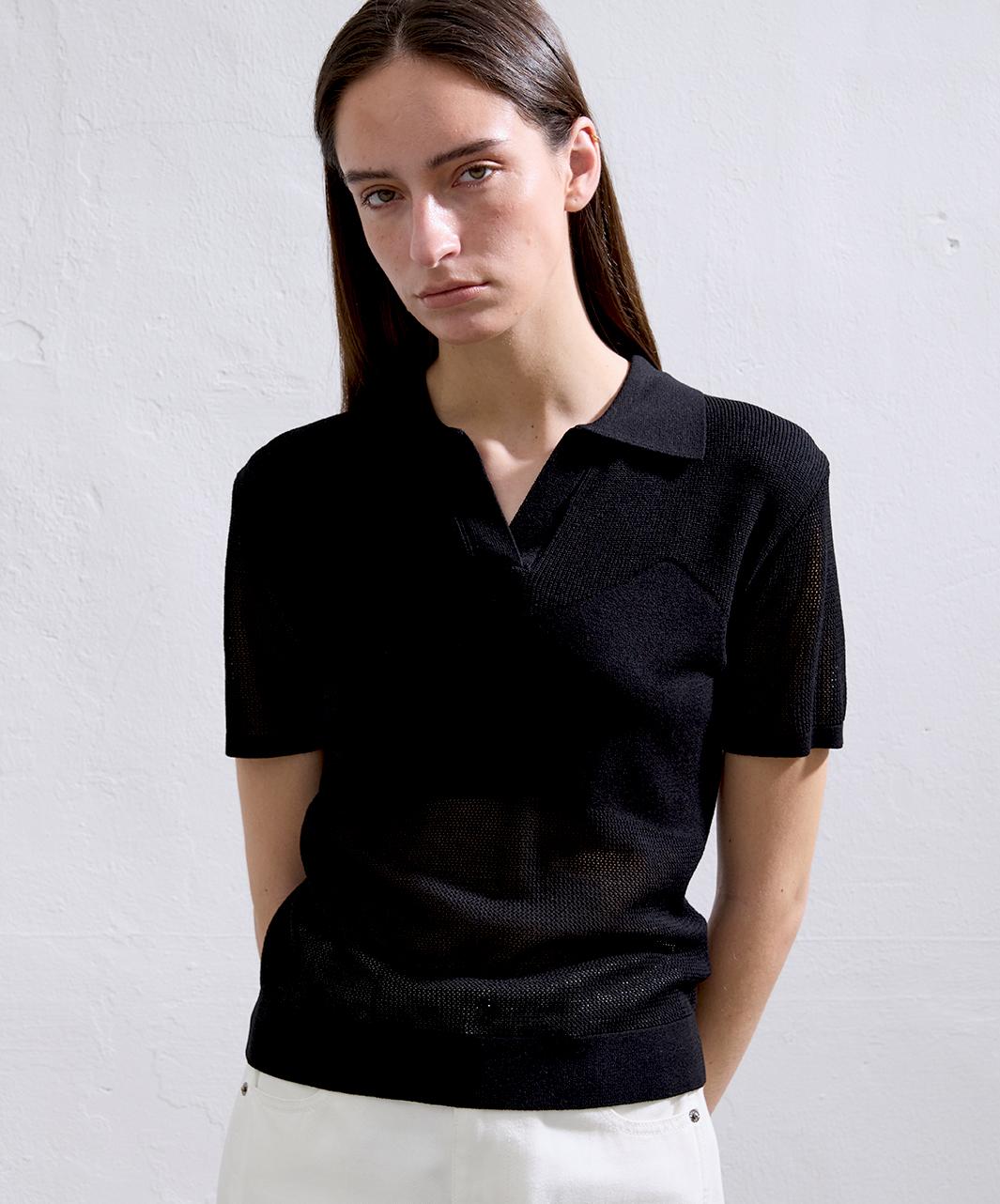 V-Neck Collared Knit Top_Black Black/Small