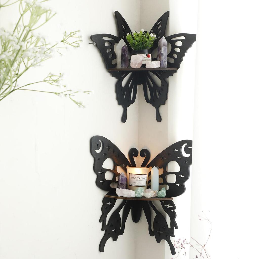 Black Wooden Hollow Butterfly Crystal Storage Shelf - Simple Wall Decoration for Home and B&B