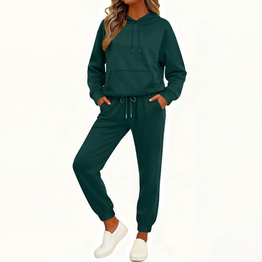Women's Fashion Casual Solid Color Loose Hooded Sweatshirt Suit