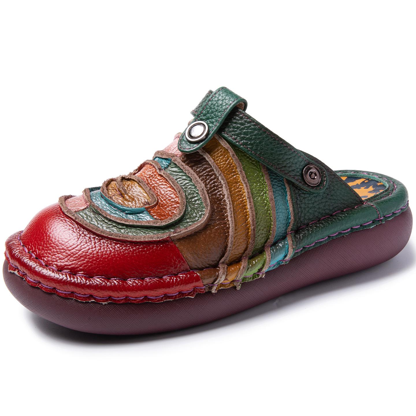 

Women s Ethnic Style Cowhide Color Block Closed Toe Flat Slippers for Outdoor Wear 37 красный