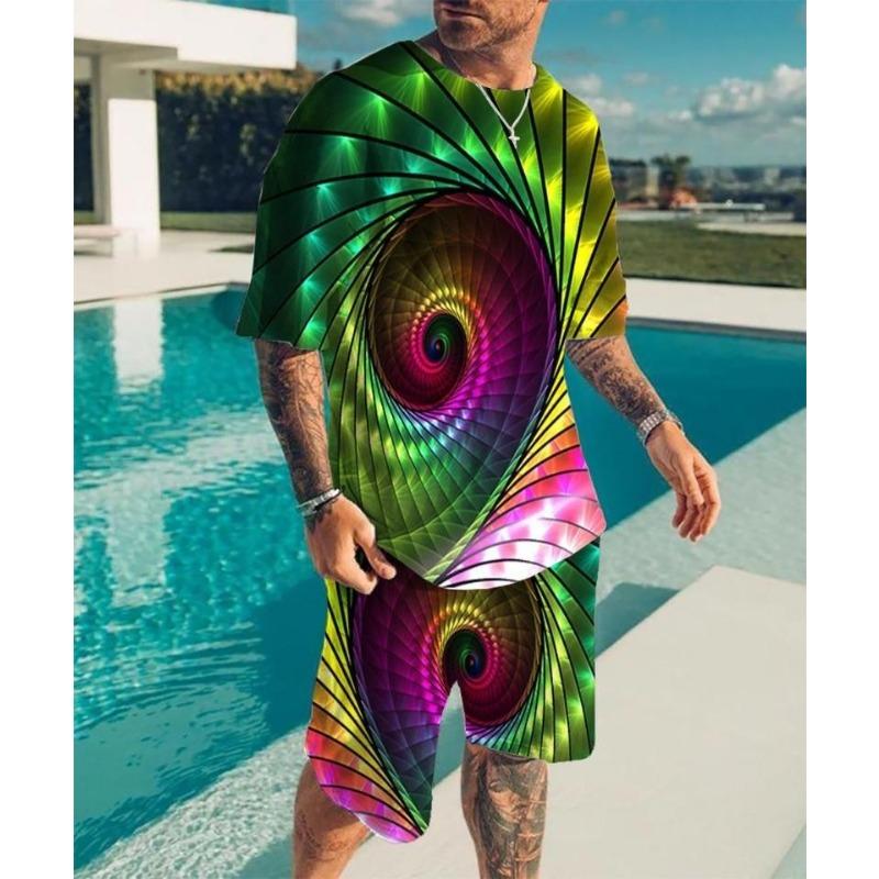 Neues Herren-Rundhals-T-Shirt-Set mit optischem Täuschungsmuster, zweiteiliges Set, modisches Herren-Sommer-T-Shirt-Set