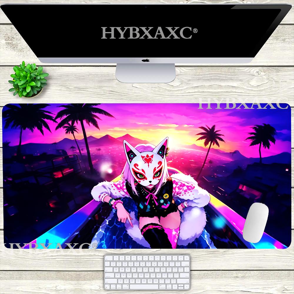 HYBXAXC Киберпанк Лиса Маска Аниме Девушка Большой Коврик для Мыши Неоновый Закат Нескользящий Резиновый Настольный Коврик для Игр 400X800X2MM