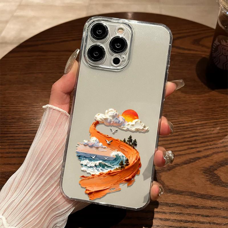 

3D Олійна картина Океанська хвиля Захід Сонця Дорога Чохол для iPhone 15/14/13/12 - Художній Захисний Чохол XIAOMI 17 Ultra різнокольоровий