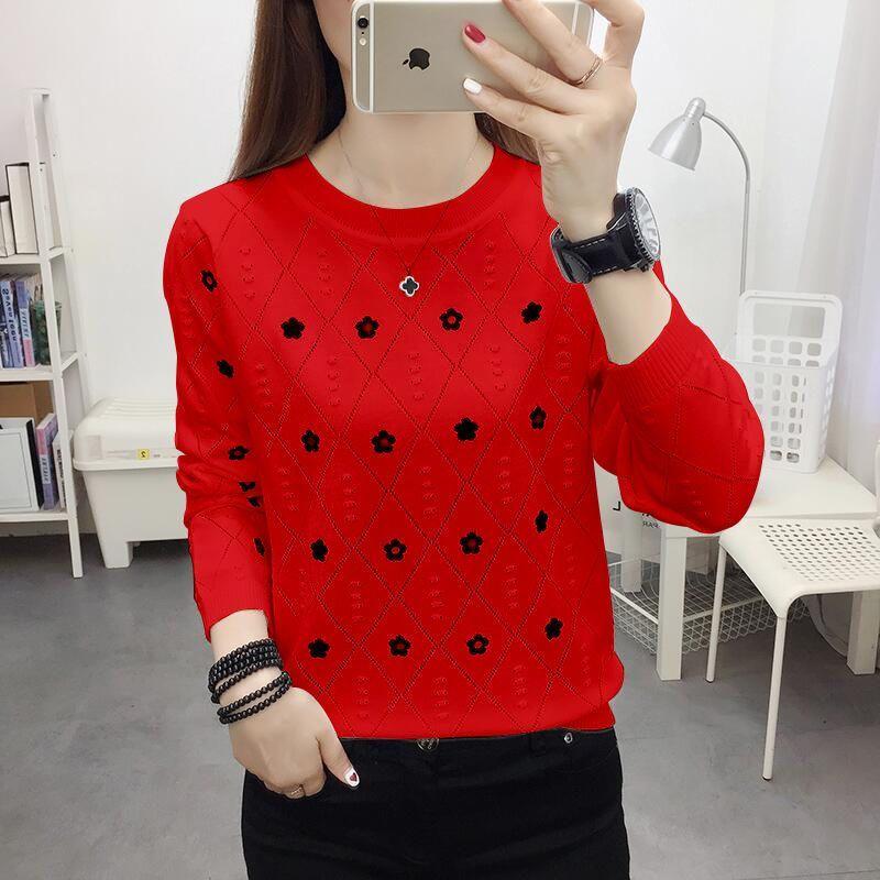 

Женский осенний вязаный топ свободного кроя, тонкий стиль, универсальный, с вышивкой и ажурным узором, базовый слой 2XL красный