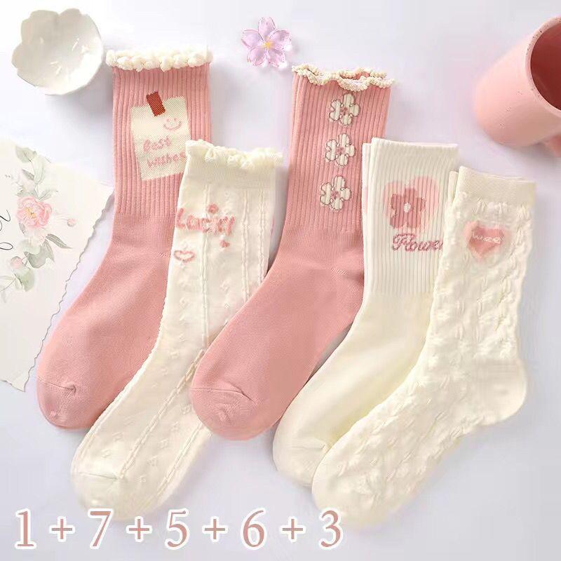 5 Pairs of Female Spring and Summer Thin Versatile Breathable Student Sports Pink Tube Socks