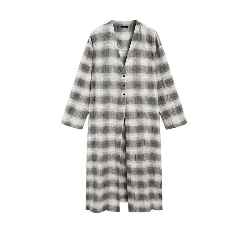 

MD Fall Women s Clothing Casual Wind Casual Relaxation Feeling Long V Neck Plaid Long Sleeve Shirt Top 5106707 Grey L