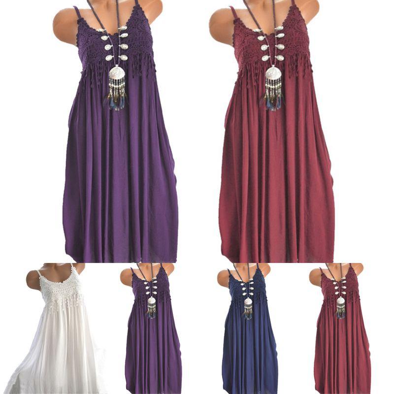 Elegant Women Summer Crew Neck Sleeveless Tank Maxi Dress With Lace Detail