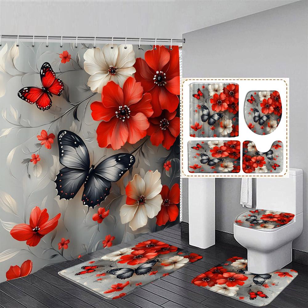 Floral Blue Butterfly Shower Curtain Set Purple Flowers Plant Butterflies Pattern Home Bathroom Decor Bath Mats Toilet Lid Cover
