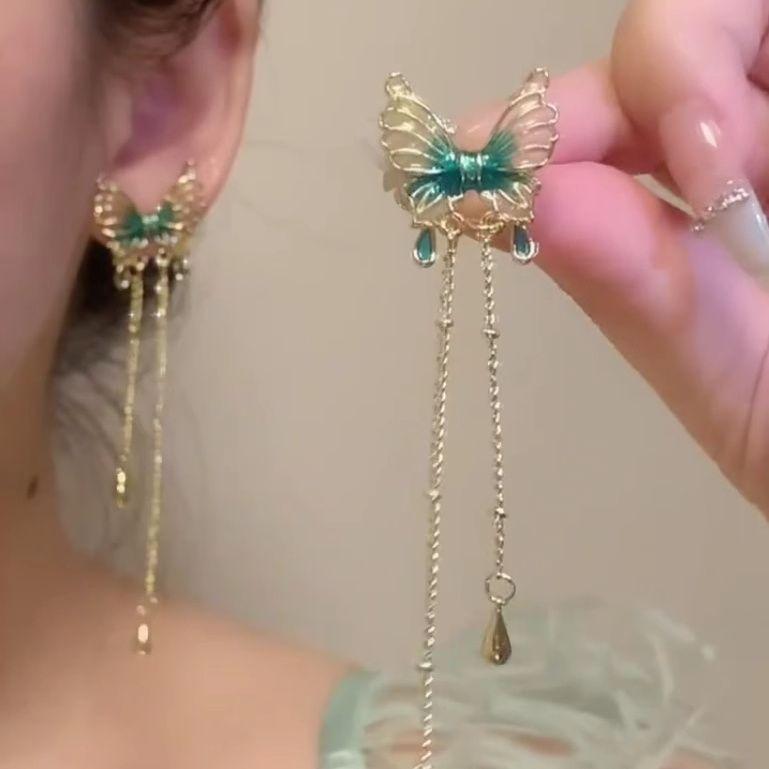 Red Butterfly Glass Long Pendant Earrings for Womne Wedding Party Jewelry