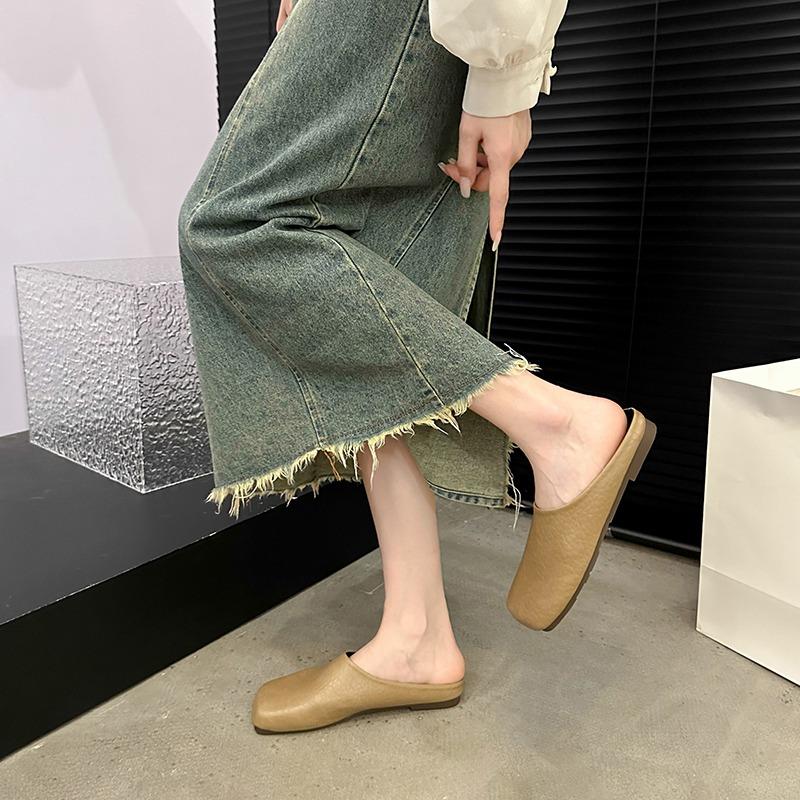 Fashion Spring New Style Baotou Flat Shoes Women's Square Head Deep Mouth Soft Sole Anti-slip Wear-resistant Slippers