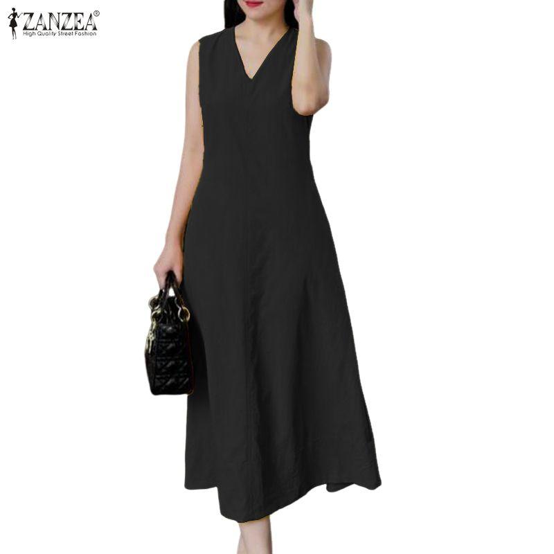 ZANZEA Women Elegant V-Neck Casual Sleeveless Dress
