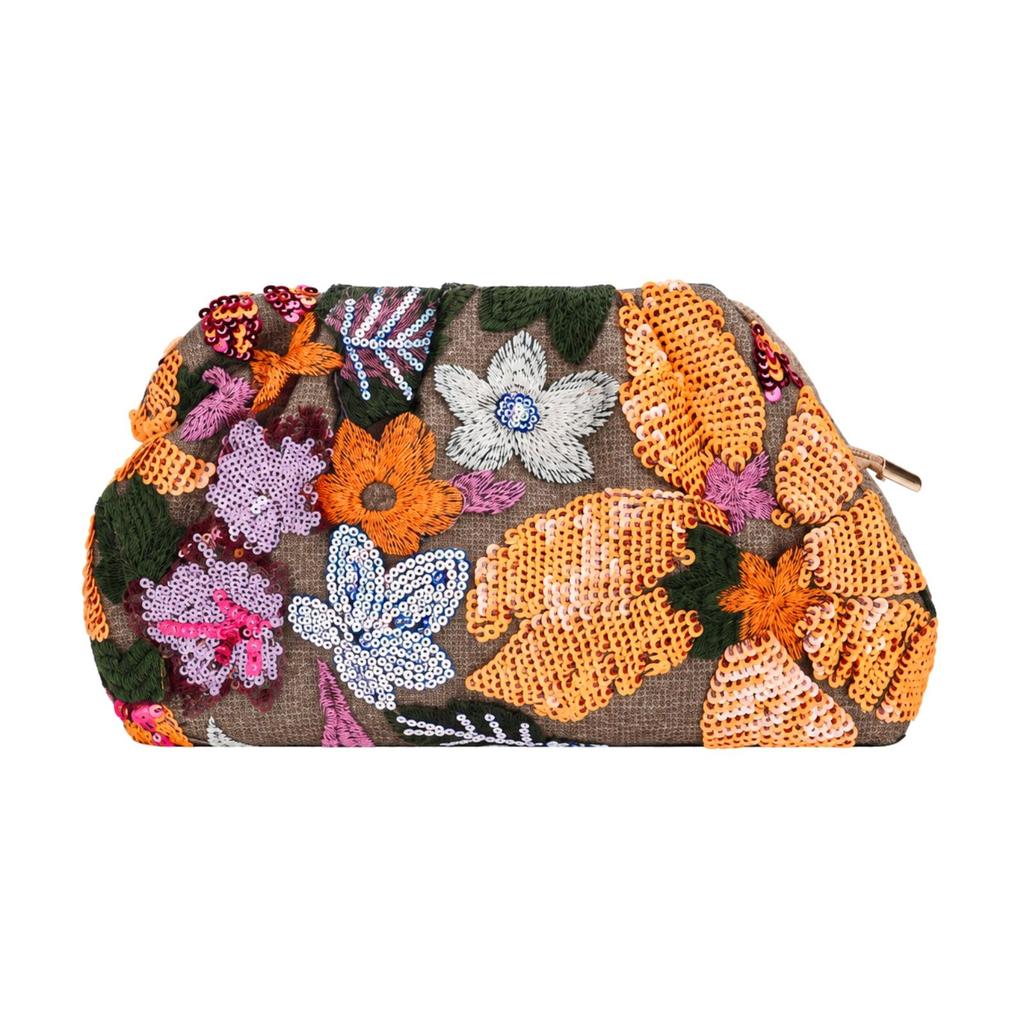 Slim Profile Sequined Woven Pouch Bag Lightweight Embroidered Floral Handbag
