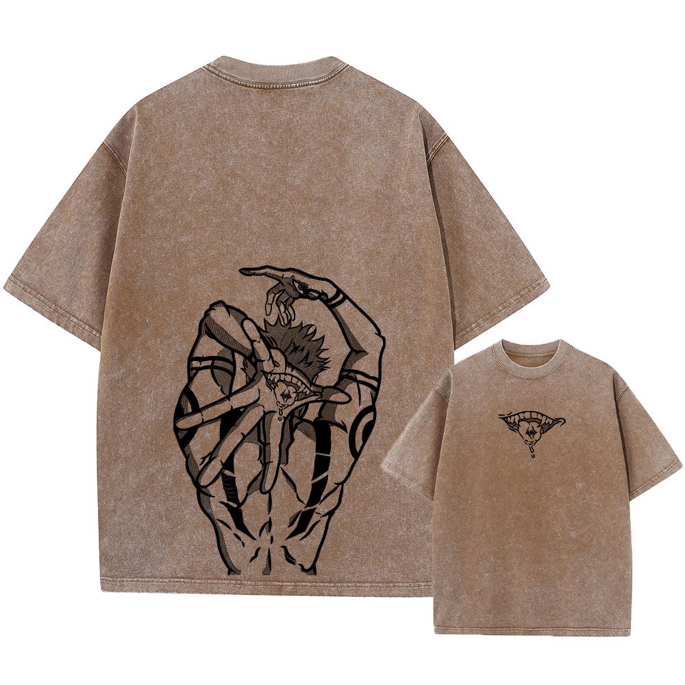 Anime Printed Streetwear Vintage Washed T-shirt Men Harajuku Manga Graphic Print Gojo Acid Wash Tops Tee Shirt