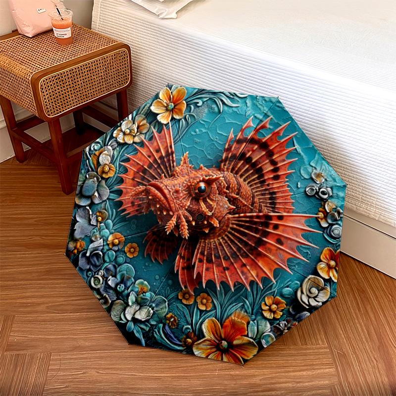 0106 Embossed Floral Marine Animals Pattern, Automatic Folding Umbrella, Portable and Foldable Design, 8 Ribs, a Christmas or Birthday Gift.