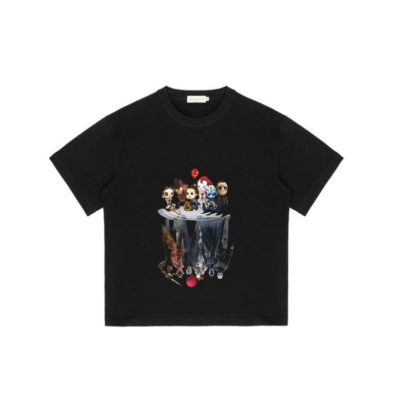 Black T Shirt with Horror Characters and Reflection Print for Casual Wear