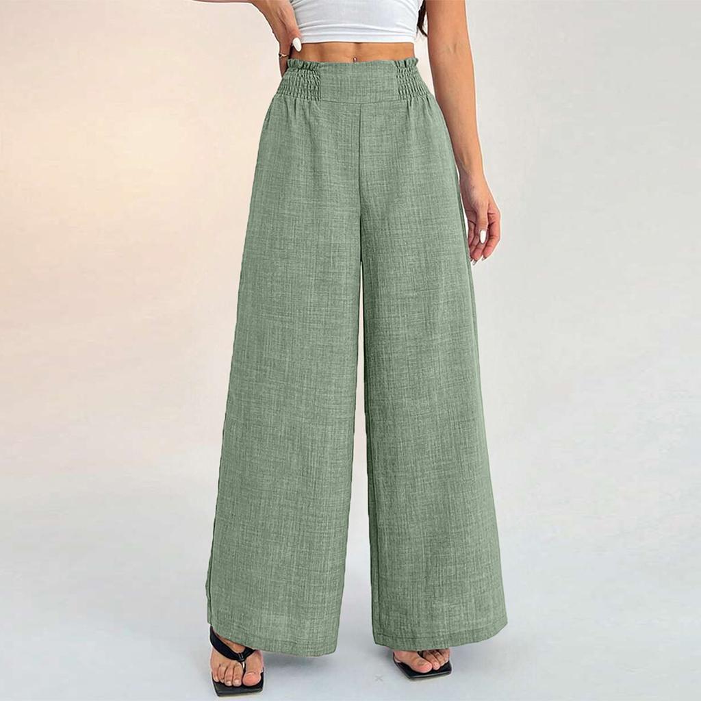High Waist Wide Leg Pants for Women Elastic Waistband Loose Fit Lightweight Linen Trousers Casual Style