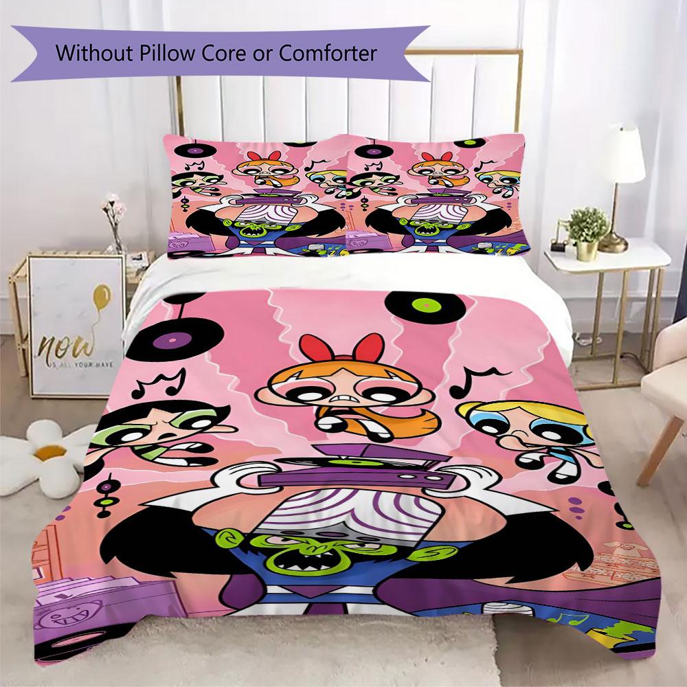 Powerpuff Girls Cartoon Prints beddengoed, dekbedovertrek en kussenslopen, verjaardagscadeau (1 dekbedovertrek + 2 kussenslopen, kussenvulling niet inbegrepen)JM007