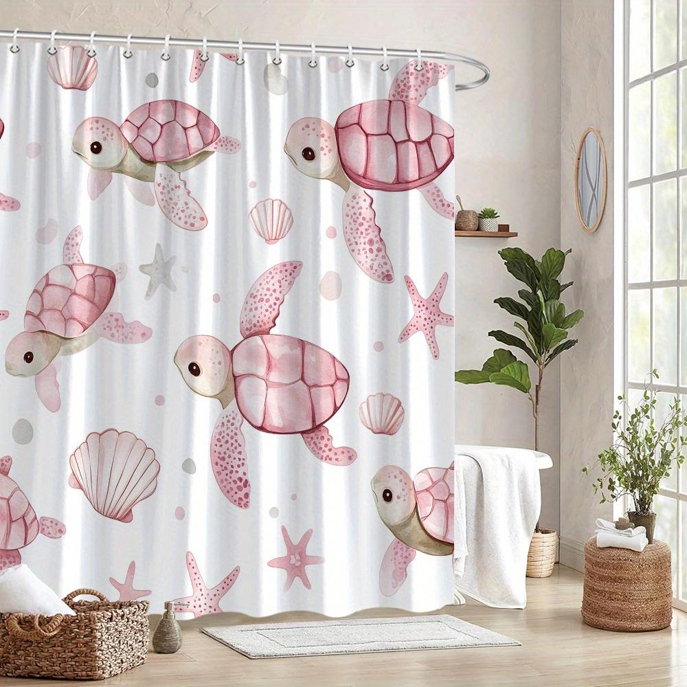 1 Pink Turtle And Shell Shower Curtain, Polyester Fabric, Machine Washable, Suitable For Bathroom Decoration