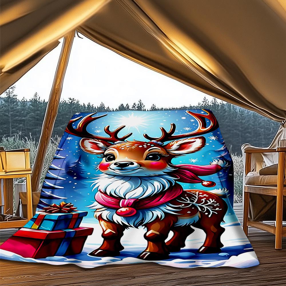 1pc Reindeer Gifts Throw Blanket Polyester Fiber, Lightweight Flannel, Soft & Warm, All Season Use for Outdoor, Camping Digital Print