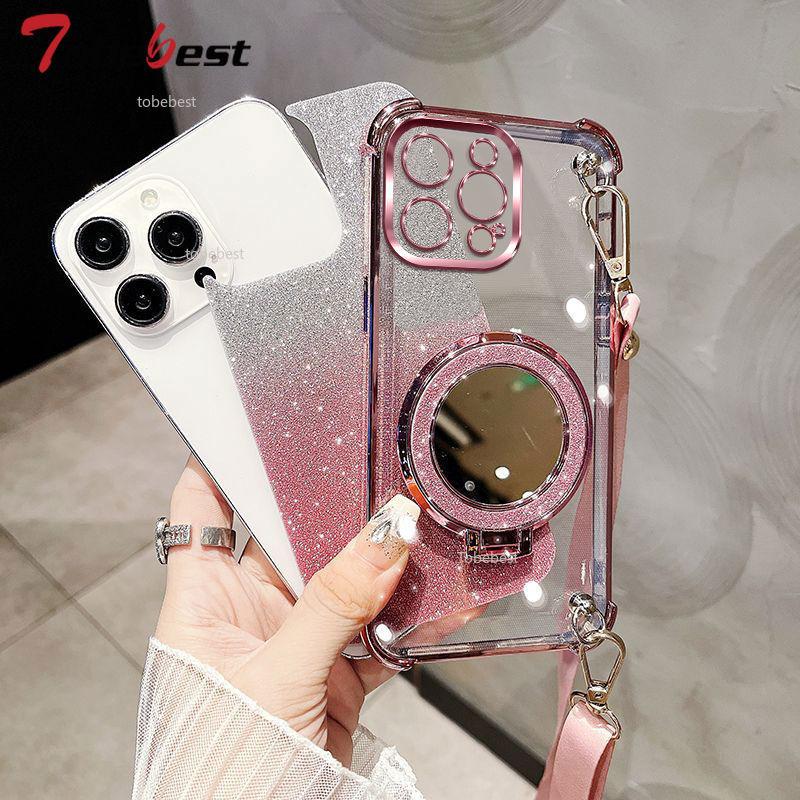 Crossbody Lanyard Shockproof Glitter Plating Mirror Magsafe Holder Case for iPhone 16E 16 15 14 Plus 13 12 11 Pro XS Max XR X