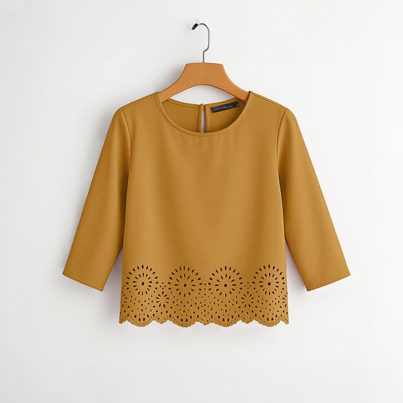 

ZANZEA Женская повседневная блузка с круглым вырезом, однотонная, с рукавом 3/4, в стиле ретро 4XL жёлтый