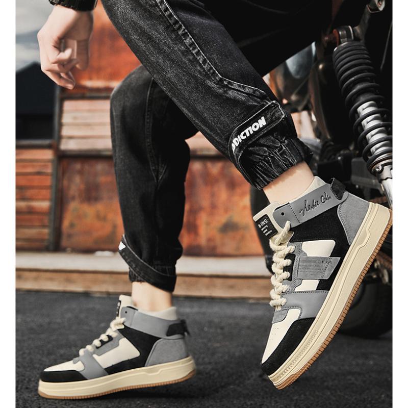 Men's PU Leather Casual Sneakers Trend Versatile Chunky Skateboard Shoes High Top Flat Vulcanized Shoes Zapatillas De Hombre New