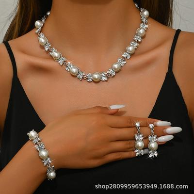Conjunto Vintage de Colar de Pérolas, Brincos e Pulseira, Acessórios de Noiva