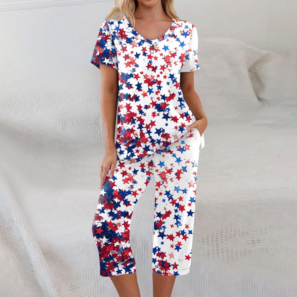 2-teilige Sets für Damen Kurzarm-Oberteil und Hose mit Taschen Sport Weiche Print-Sets