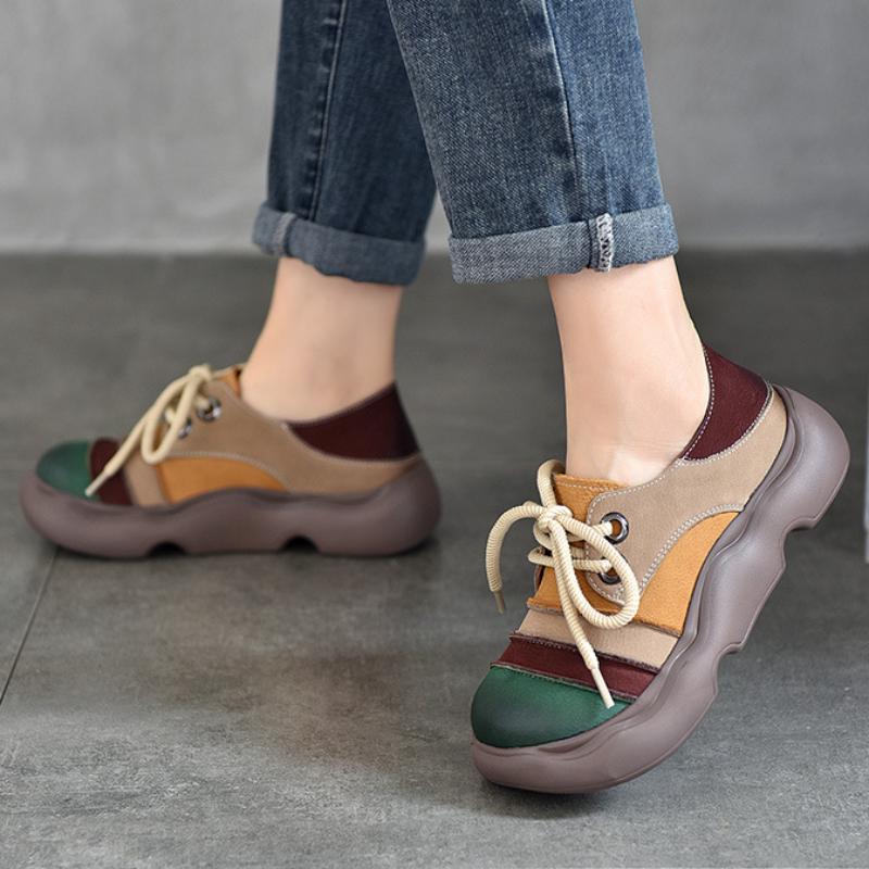 Johnature Genuine Leather Lace-up Thick Soled Shoes Retro Mixed Colors Round Toe Women's Flat Shoes