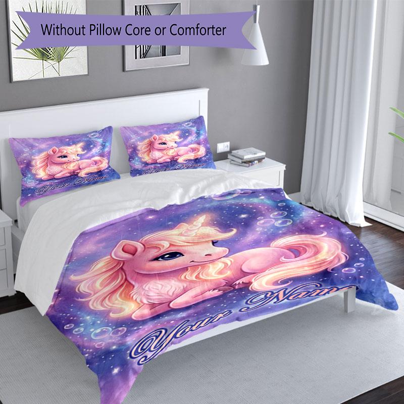3PC Custom Name Magical Unicorn Fantasy Bedding Set Duvet Cover Closure Includes 1 Duvet Cover & 2 Pillowcases for Bedroom