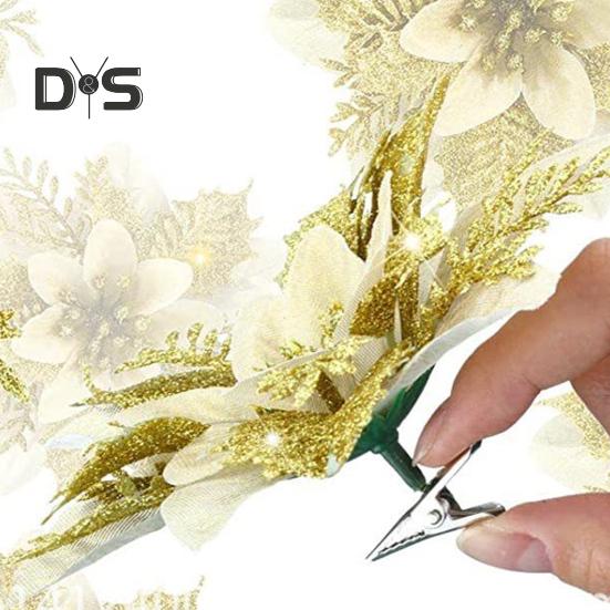 12 bucăți Poinsettia cu sclipici Ornamente de Crăciun cu tulpini de cleme Flori artificiale pentru decorarea coroanei de nuntă pentru pomul de Crăciun