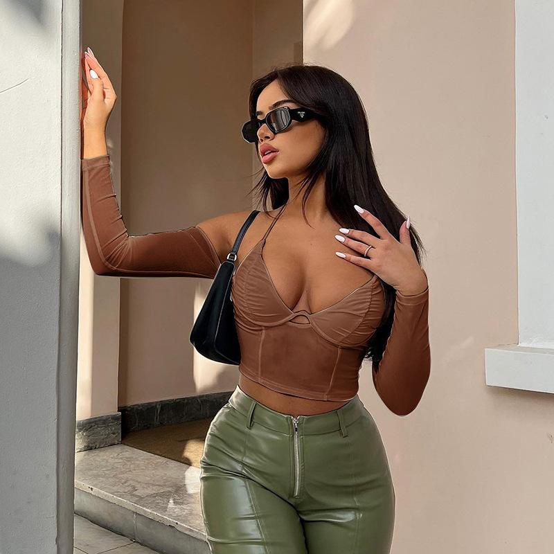 Harajuku léto mimo ramena dutá síťovaná trička pro ženy Top dámské tričko dámské tričko sexy topy s dlouhým rukávem tričko