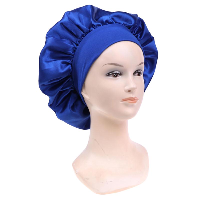58Cm Solid Color Women Satin Bonnet Cap Night Sleep Hat Adjust Shower Caps