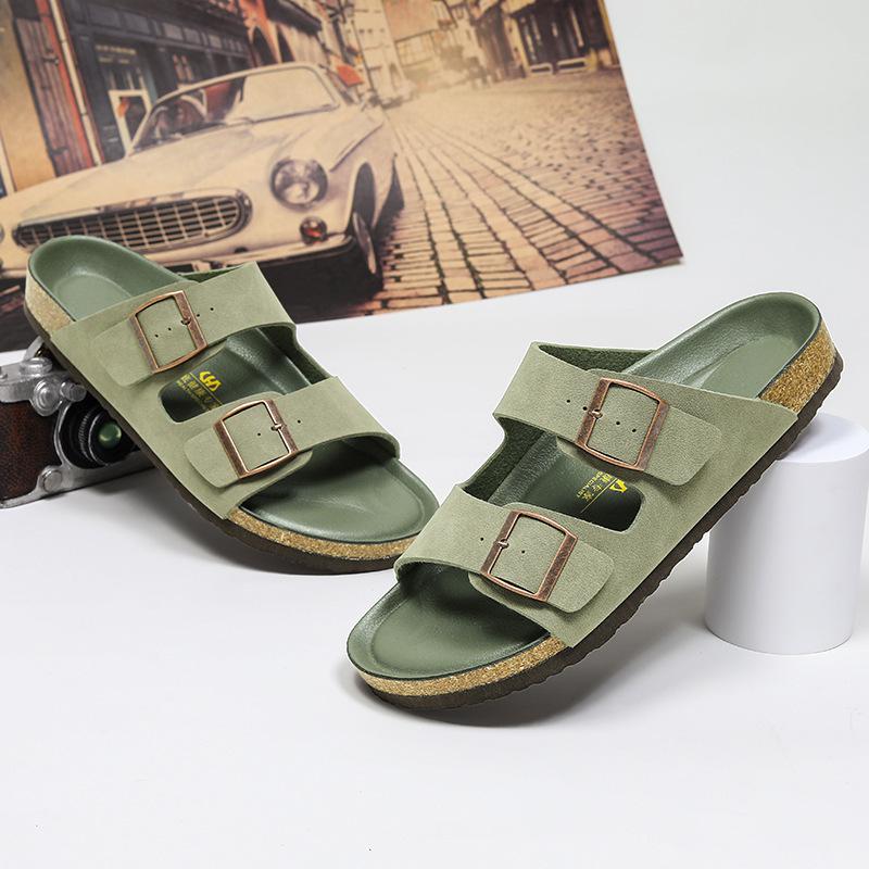 

Summer Leather Slippers For Men Design Outdoor Hotel Beach Sandals Slip On Light Flats Male Trends Double Buckle Slippers 35 зелений