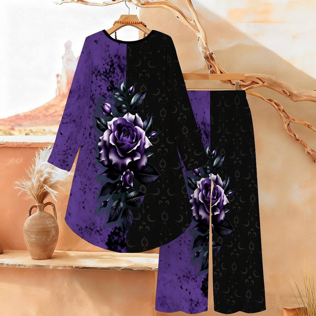 Distressed Floral Print Two Piece Outfit Women Long Sleeve Irregular Hem Tunic Top Wide Leg Pants Casual Matching Set