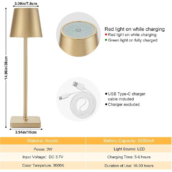 2 Pack Rechargeable Cordless Table Lamps, 5200mAh Battery Touch Table Light, Aluminum Shell Stepless Dimmable Portable LED Desk Lamp for