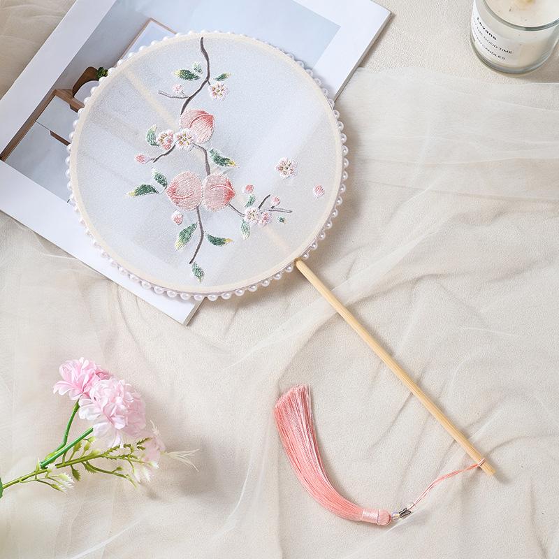 1PC Embroidery Round Fan, Ancient Female Dance Chinese Fairy Peach Blossom Handheld Small Round Fan, Folding Hand Fan