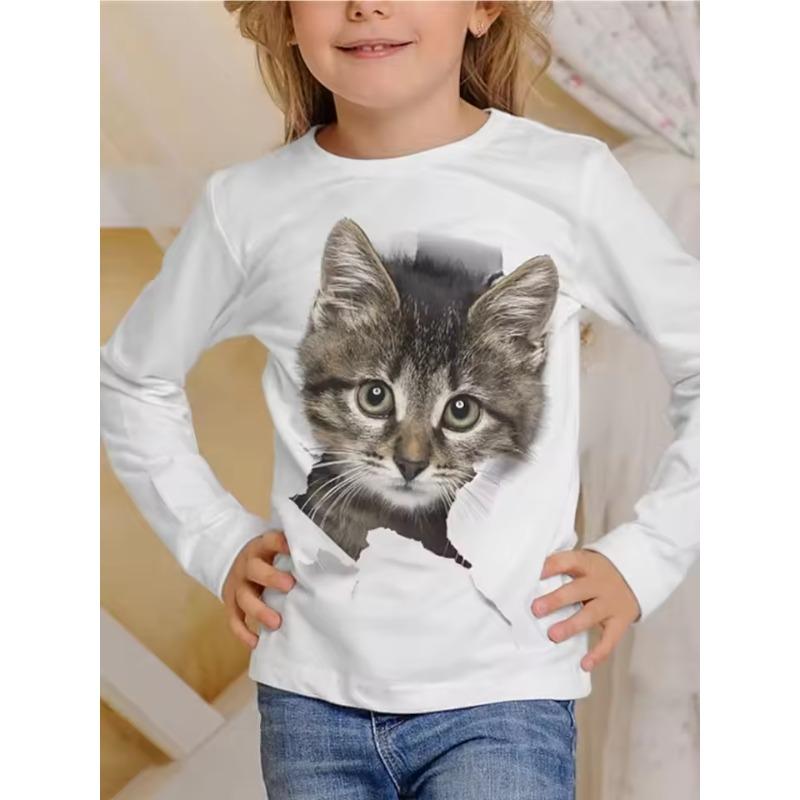 Abbigliamento Bambini Magliette Manica Lunga Bambina Maglietta Bambino Cartone Animato Girocollo Stampa Gatto Casual Abiti Estivi Bambina Top Maglietta
