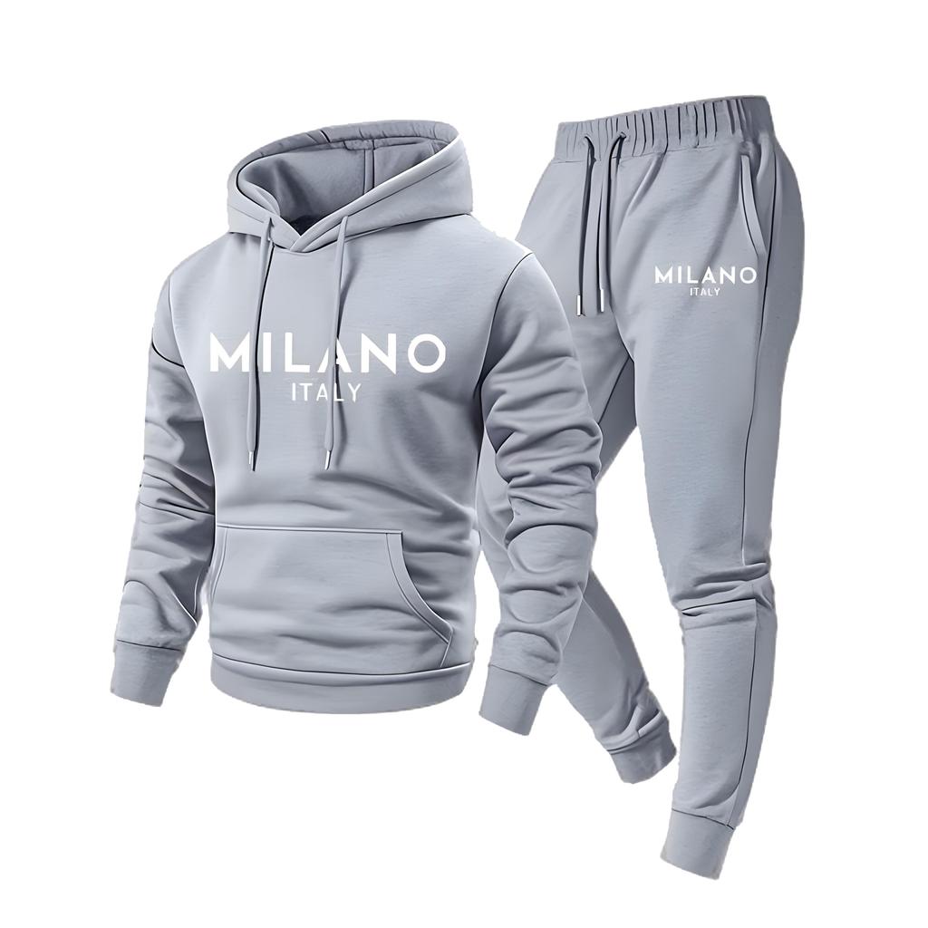 Men's Casual Solid Color Letter-printed Sweatshirt Set, Men's Fleece Hooded Drawstring Sweatshirt And Sweatpants Two-piece Set