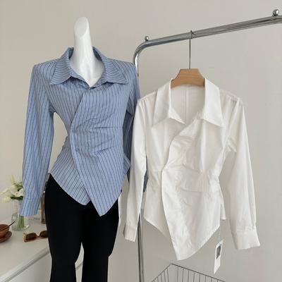 Koreanischen Stil Langarm Revers Casual Weißes Hemd Frauen Mode Unregelmäßige Plissiert Kurze Bluse Tops Frauen Schlank Solide Gestreiften Büro Dame Shirts 26089