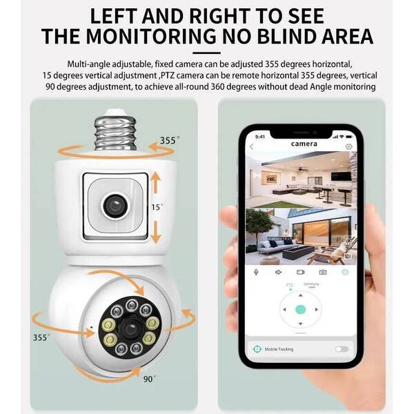 8MP E27 Bulb WiFi Camera 4K Lens Dual Screen Cam Auto Tracking Two Way Audio Night Vision CCTV Security Protection ICSEE
