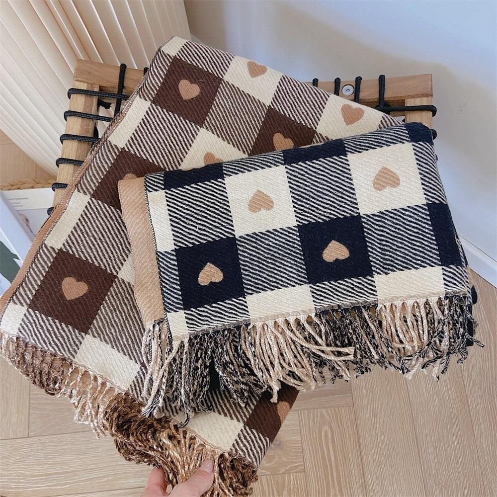 Love Heart Plaid Neck Warmer Coldproof Tassel Neckerchief New Imitation Cashmere Shawl  Women