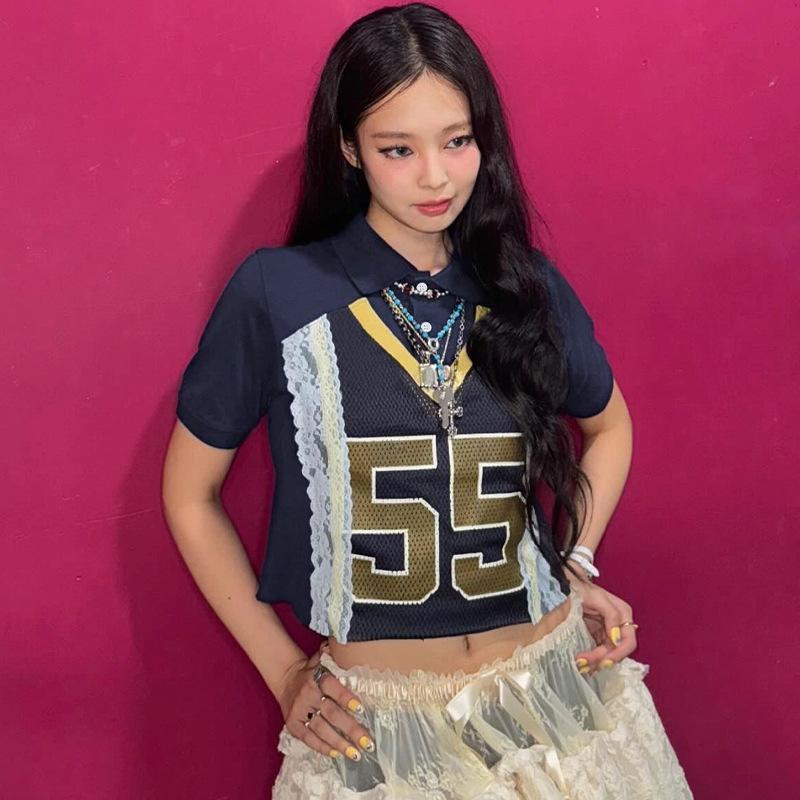 European and American women's clothing autumn new retro splicing printing girl Jennie love bean lapel short sleeve