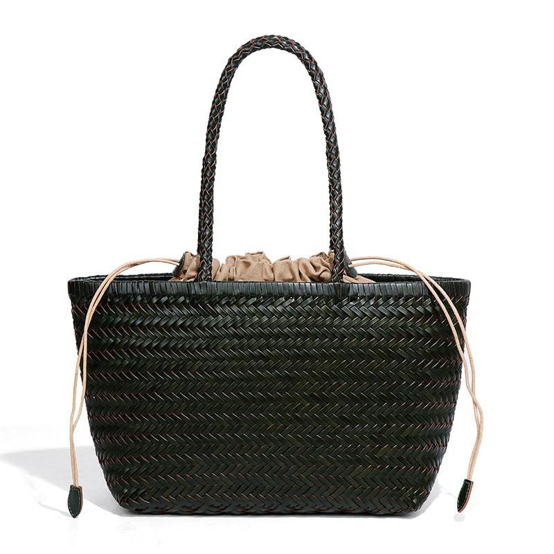 

Genuine Leather Woven French Vegetable Basket Bag Ins Cowhide Pure Hand-woven Handbag Rattan Women s