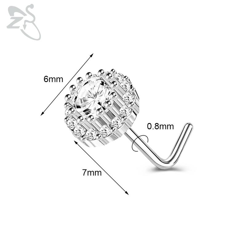 ZS 1 Piece Cute CZ Crystal Nose Stud L-Shape 20g Stainless Steel Nose Piercings Flower Moon Heart Shape Zircon Nostril Piercing