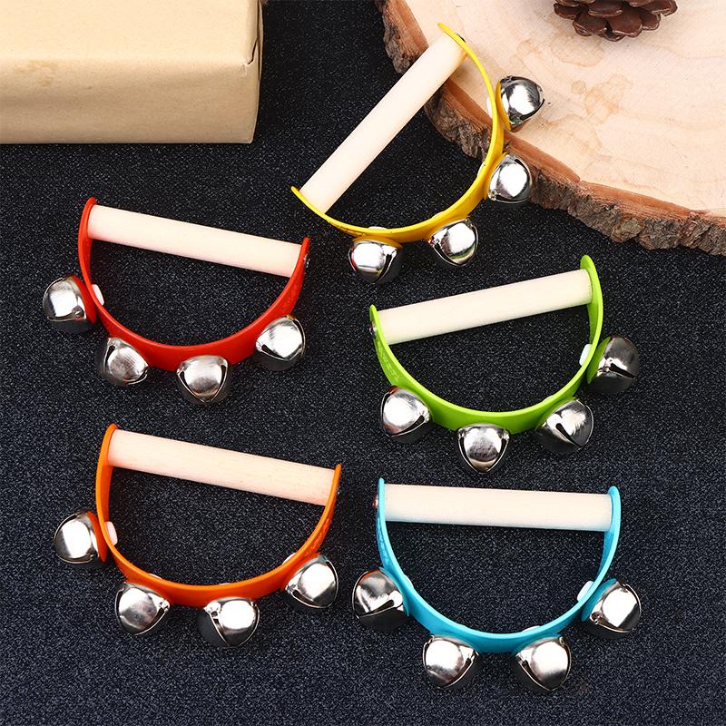 Wooden Half round Children's Tambourine with Clapper Handle - Educational Musical Fun Toy Orff Instruments Hand Ringing Bell
