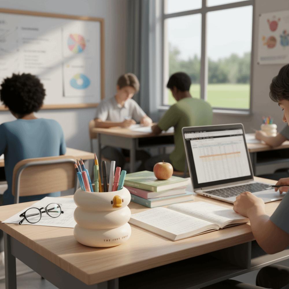 Cartoon Design Duck-Shaped Desk Organizer Ice Cream Theme Storage Bucket Student Use