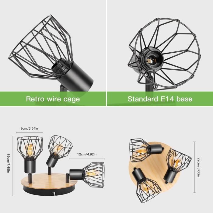 Plafonnier led - kimjo - 3 spots orientables - métal et bois - noir - e14 40w