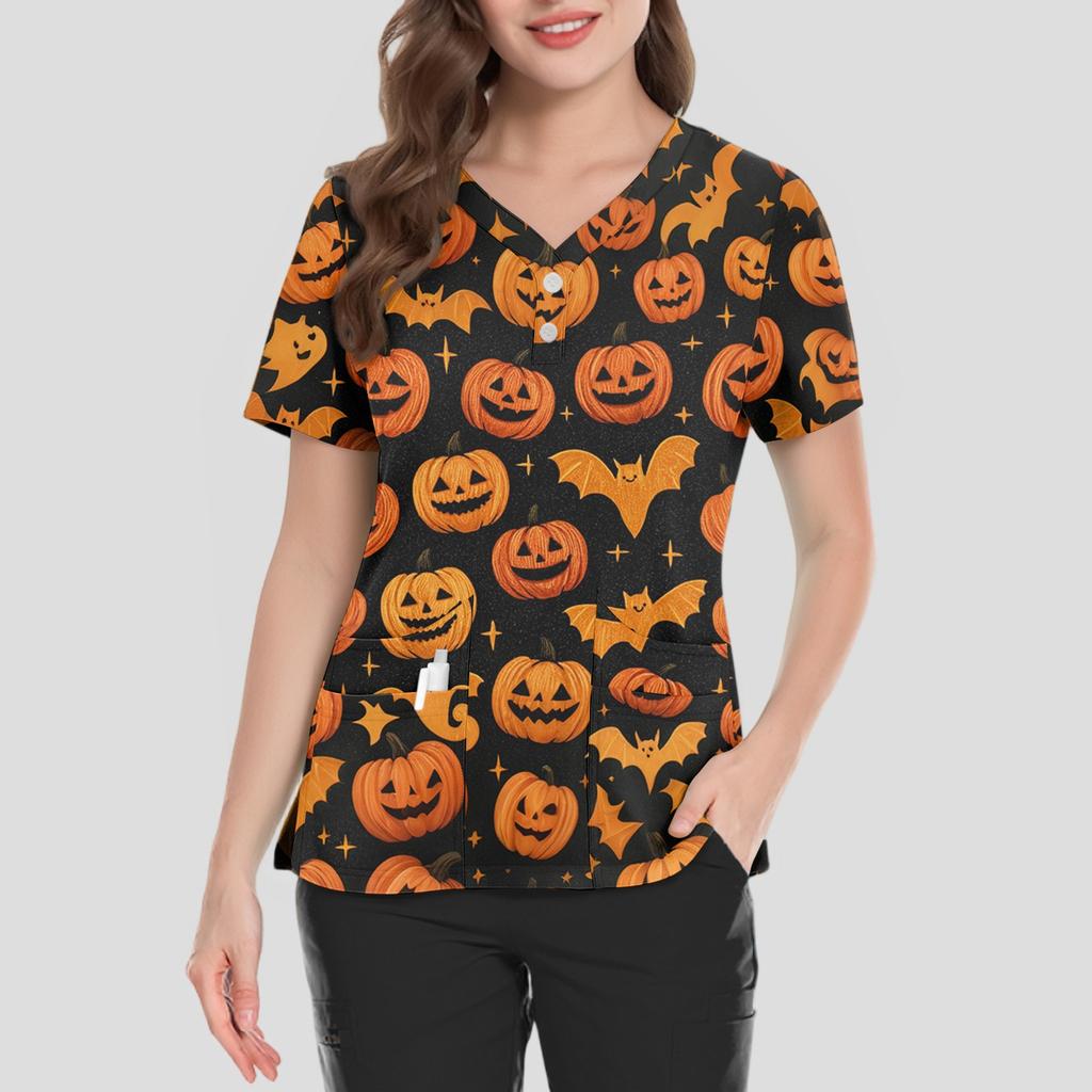 Dámské volné tričko s krátkým rukávem, módním halloweenským potiskem, výstřihem do V, zapínáním na knoflíky a bočním rozparkem