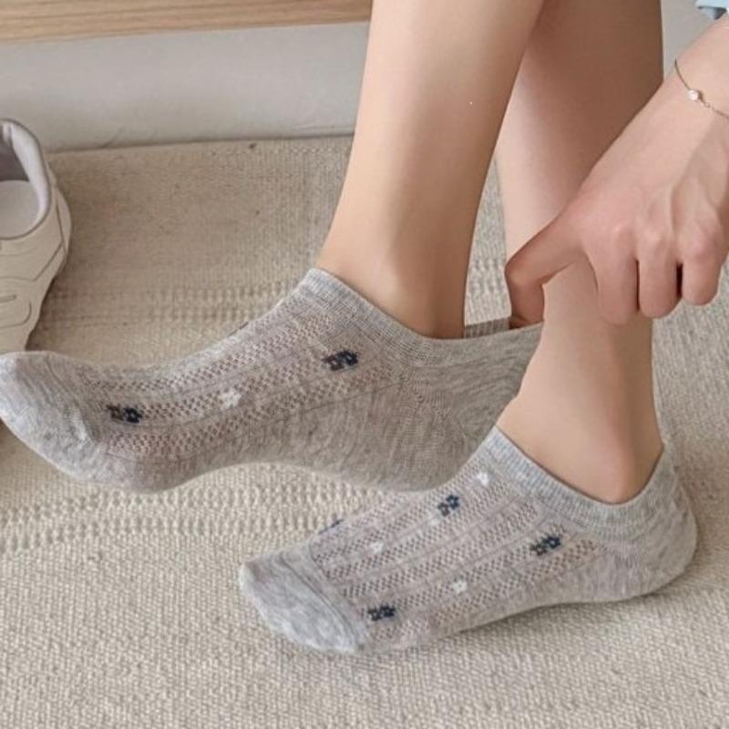 Summer Lightweight Mesh Boat Socks for Women with Floral Patterns, Shallow Cut, Invisible Design, Anti-slip, Non-slippery, Breathable Short Socks